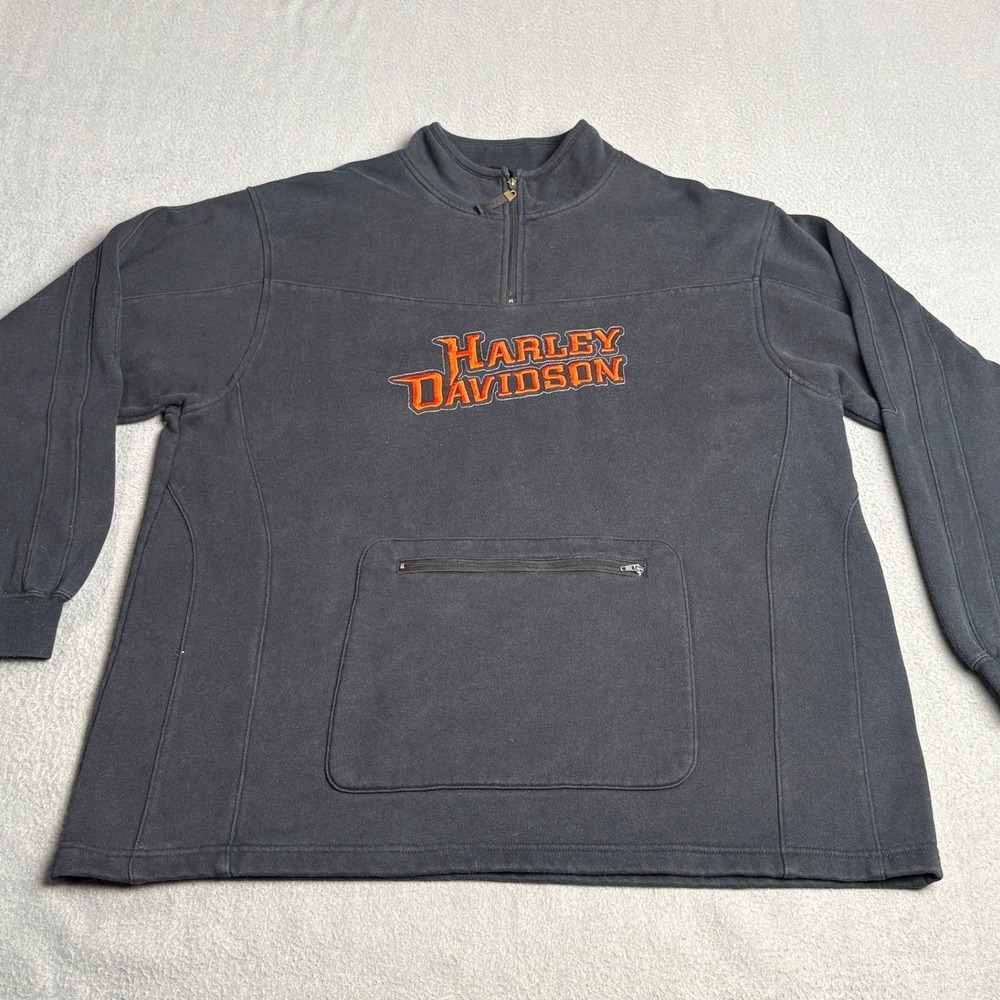Harley Davidson‎ Mens Quarter Zip Fleece Pullover Black Embroidered Logo XL